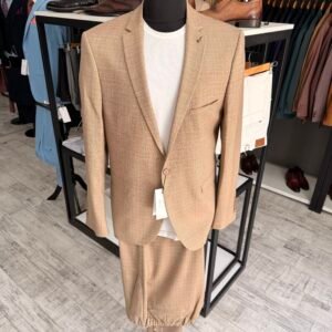 Costum bărbătesc casual bej texturat slim fit
