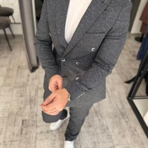 Costum bărbătesc casual double-breasted gri-albăstrui texturat