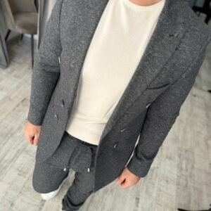 Alternative view of Costum bărbătesc casual double-breasted gri-albăstrui texturat