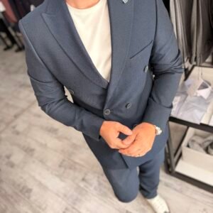 Costum bărbătesc casual double-breasted albastru slim fit